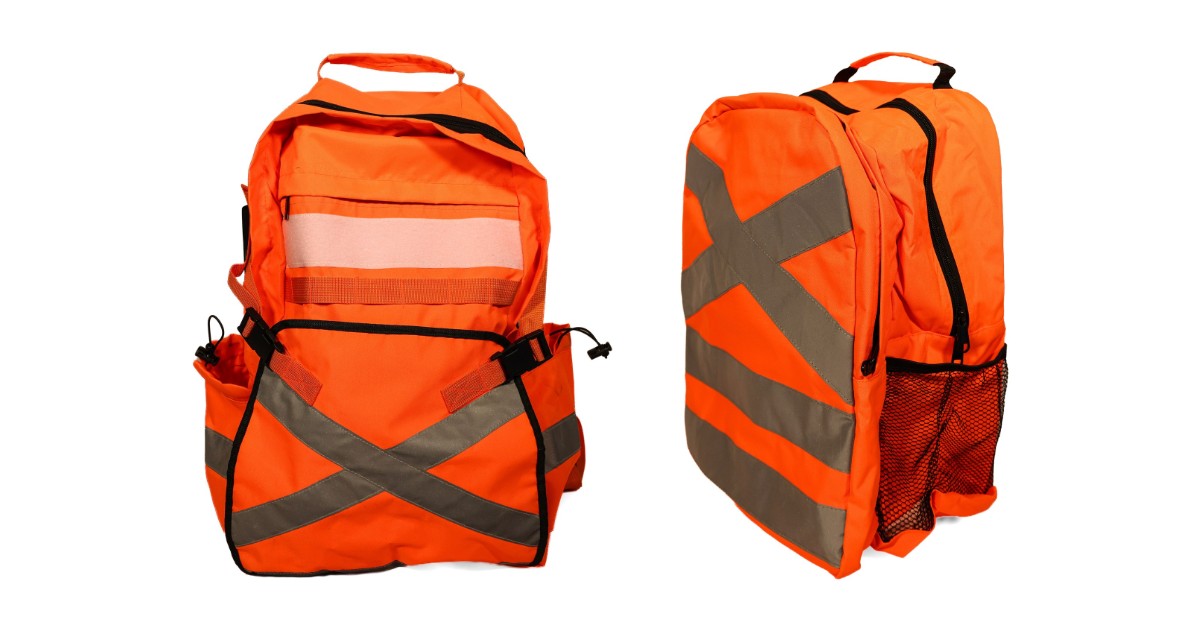 OPC Hi-Viz Orange Utility Backpack 32 L (BK-HV-2522) and Utility Daypack 26 L (BK-HV-2521), front view, reflective X patterns