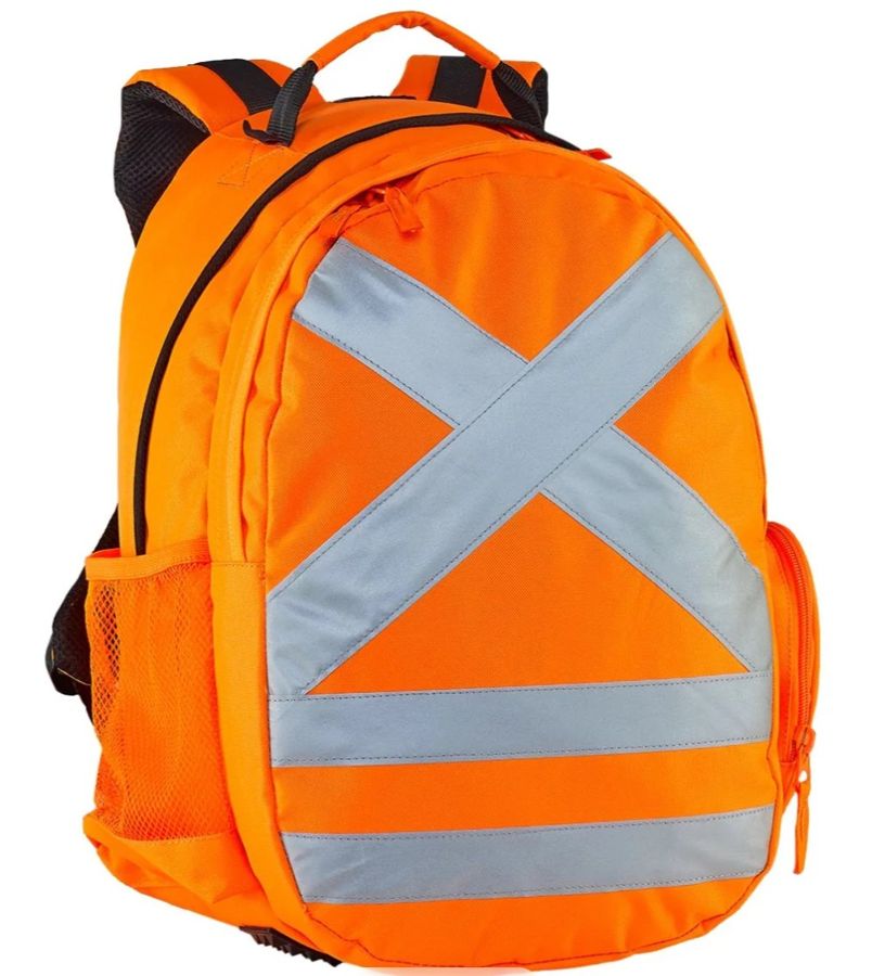 26 L Hi-Viz orange daypack, front view with reflective X