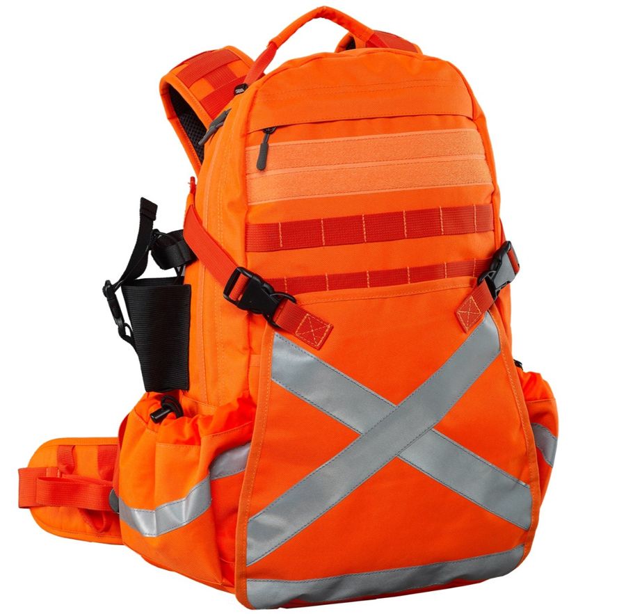 32 L Hi-Viz orange utility backpack with helmet pouch, MOLLE points and radio holster