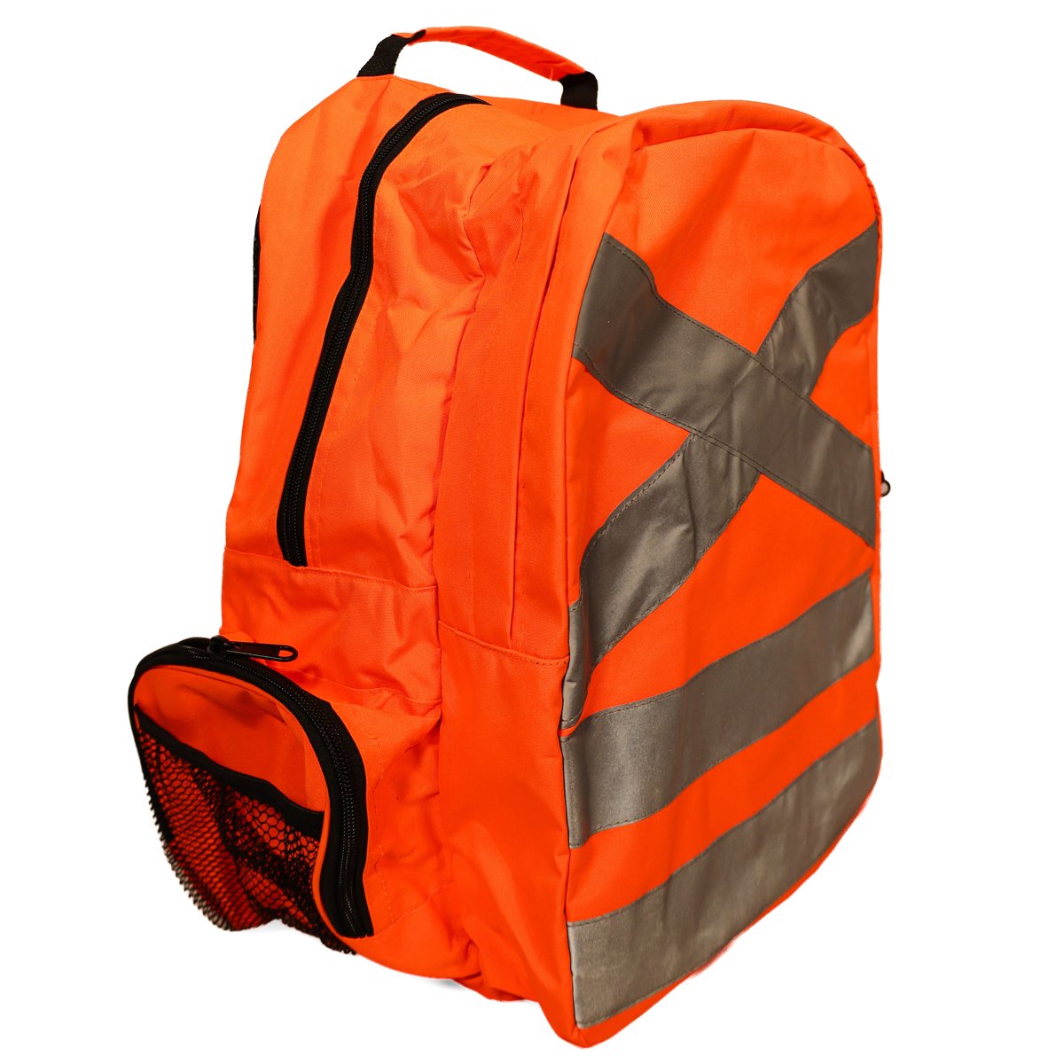 BK-HV-2521 three-quarter view: reflective X pattern across the front, mesh bottle pocket at the side