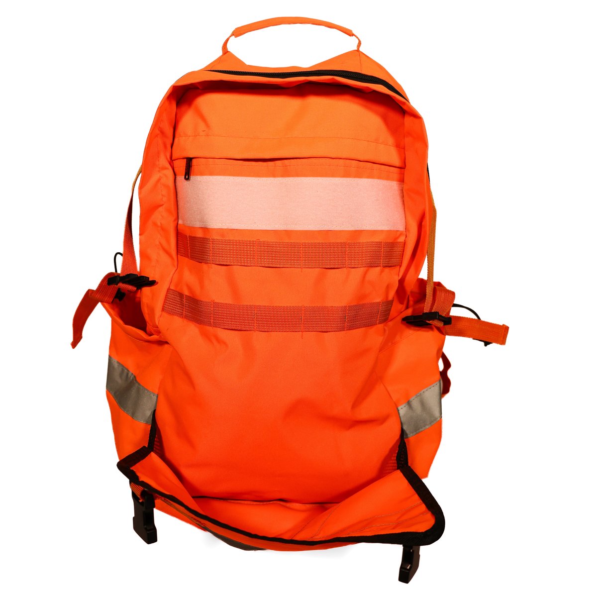 BK-HV-2522 front view with the helmet pouch deployed: adjustable straps and buckles, MOLLE rows above